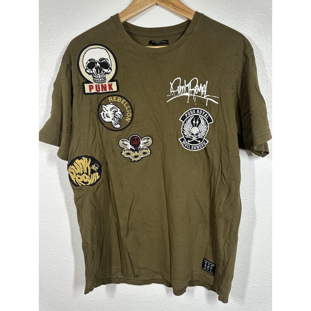 Punk Royal Shirt Mens Large Olive Green Patch Graphic Punk Rock Tee Rebellion
